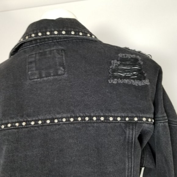 Forever 21 Jean Denim Jacket Coat S Black Distressed Stud Bling Gothic Punk Alt - Picture 9 of 12